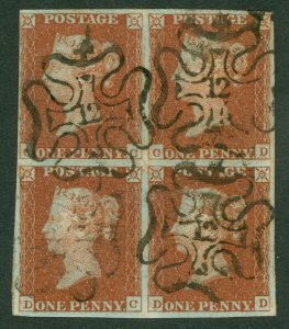 SG 8m 1d red-brown block of 4. Very fine used with number '12' in Maltese...