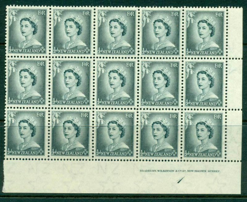 New Zealand 1954 QEII 1/2d Grey Plate 1 Block 15 MUH Lot25326