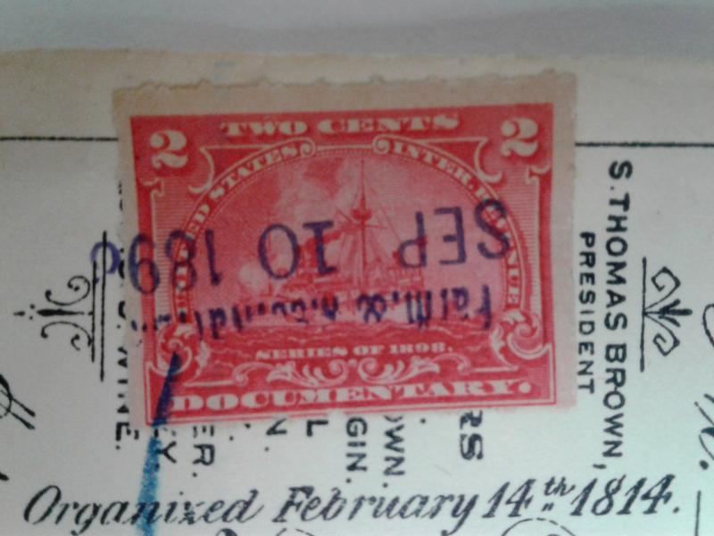 SCOTT # R 164 DOCUMENTARY REVENUE STAMP ON FARMERS NATIONAL BANK CHECK 1898