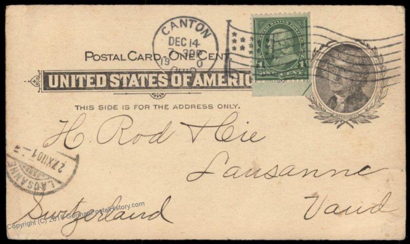 USA 1901 Stamped Ceiling Canton Ohio 1c Stamp Postal Card Switzerland Cove 81961
