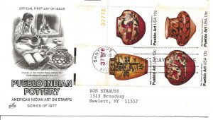 US Scott #1706-09, First Day Cover 4/13/77 Santa Fe Plate Block Pueblo Art