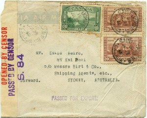 90 cent Trans Pacific AIRMAIL Censored 1940 high value > AUSTRALIA Canada cover