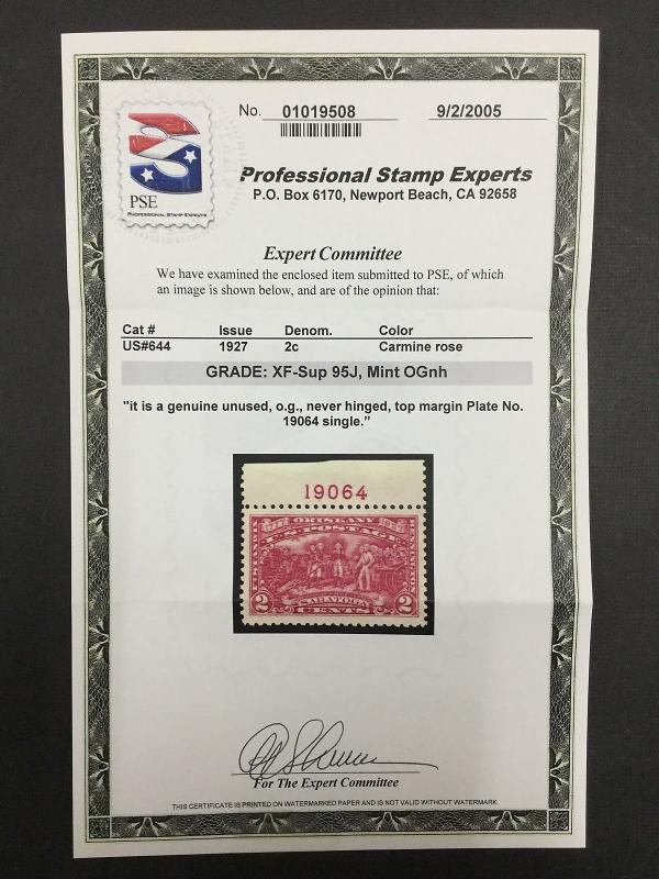 US #644 MINT OG NH **PSE GRADED CERT XF-SUP 95J** SMQ $90 LOT #1105