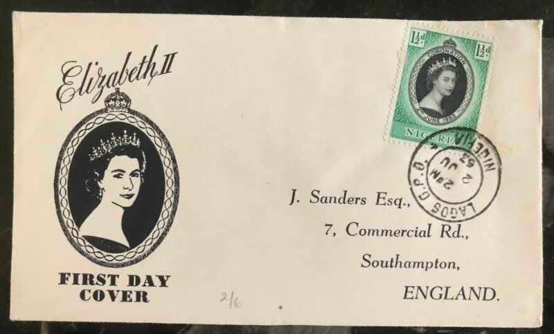 1953 Lagos Nigeria First day Coronation cover FDC Queen Elizabeth II QE2 To UK