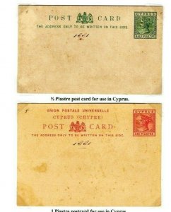 CYPRUS QV Unused Postal Stationery Cards{2} 1881 1pi & ½pi Postcard YP43