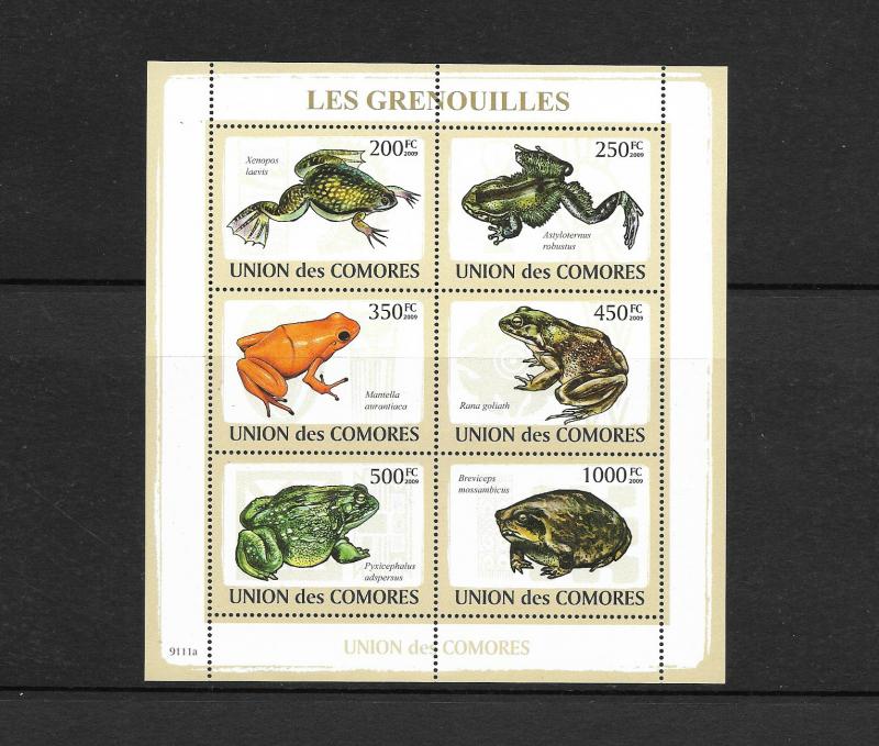 O) 2009 COMOROS, FROGS-AMPHIBIANS, XENOPOS-ASTYLOTERNUS-MANTELLA-GOLIATH-PYXICEP