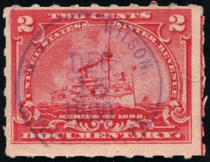 R164p 2¢ Battleship Documentary Stamp: Hyphen Hole  Perf 7 (1898) Used/CDS