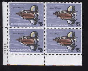 1978 US Federal Hooded Merganser Duck Hunting Stamp RW45 Plate Block of 4 VF NH