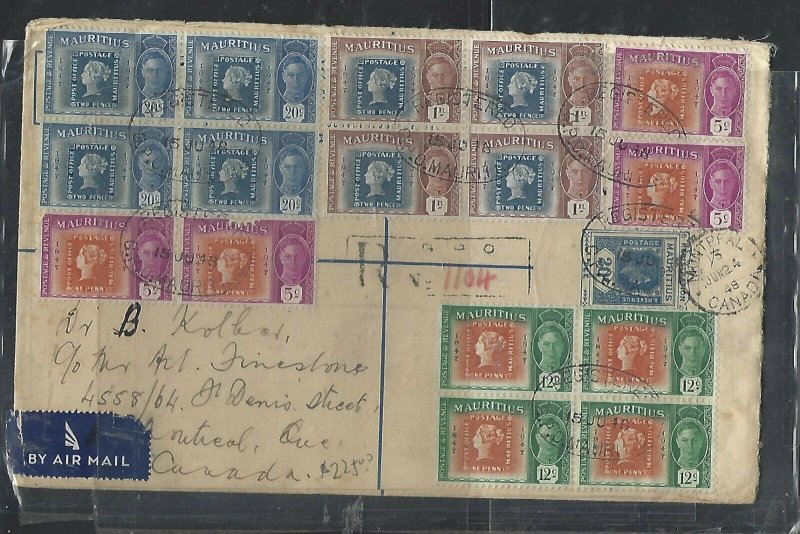 MAURITIUS COVER  (P0111B) 1948 KGVI 20C RLE+ STAMP CENT BL 4 REG A/M TO CANADA