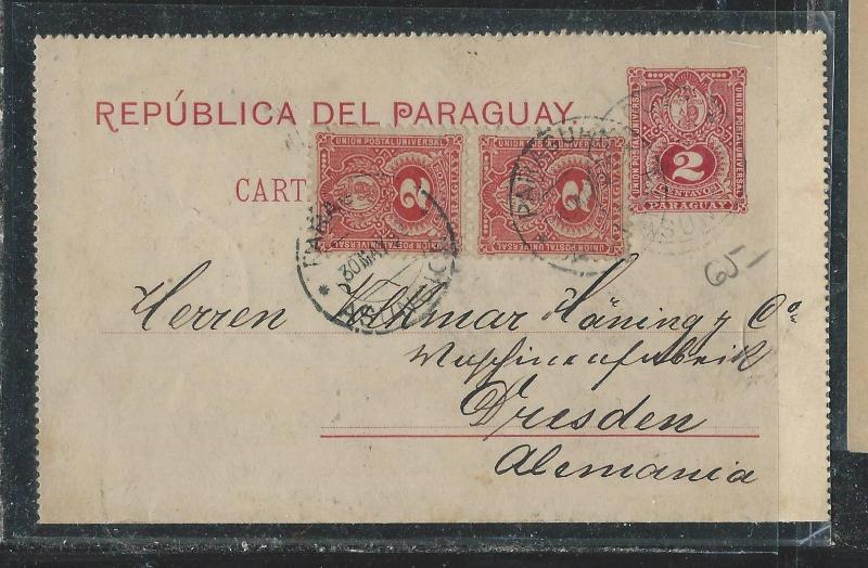 PARAGUAY  (PP2706B) 1892 2C PSC UPRATED 2CX2 VIA BUENOS AIRES TO GERMANY