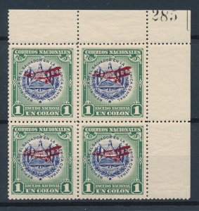 [116132] El Salvador 1931 Airmail red overprint Corner block of 4 MNH