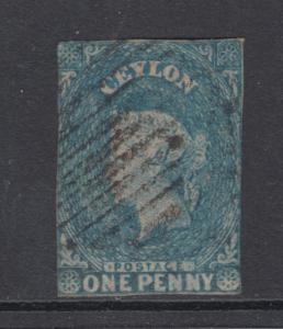 Ceylon Sc 3a used 1857 1p blue imperf Queen Victoria, 2+ tight margins, sound