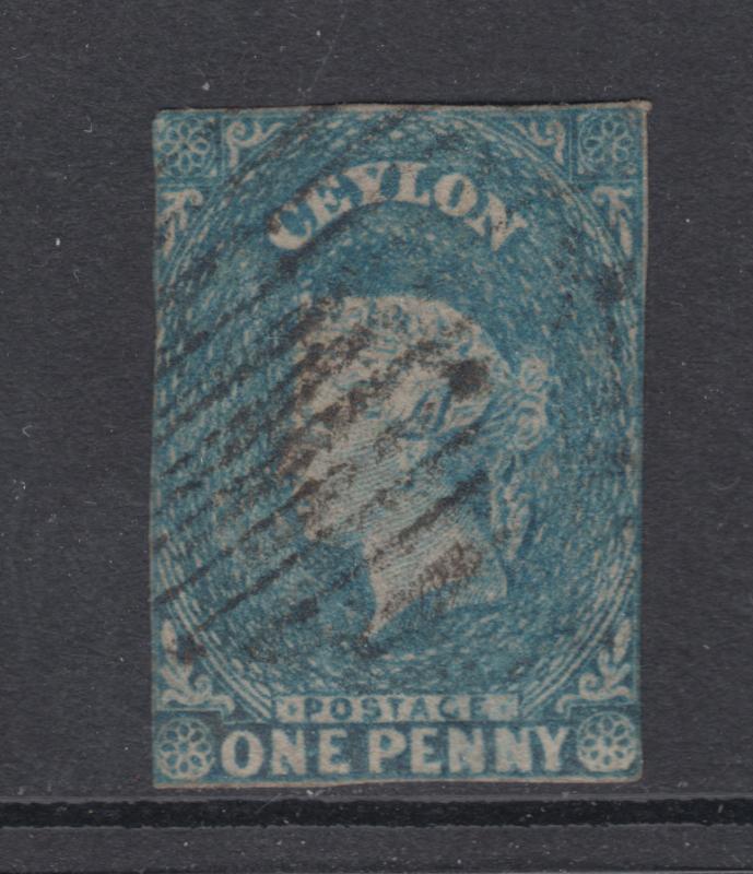 Ceylon Sc 3a used 1857 1p blue imperf Queen Victoria, 2+ tight margins, sound