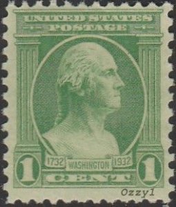 US #705 1932 1c Green Washington Bicentennial Issue MINT-F-VF-OG-NH.