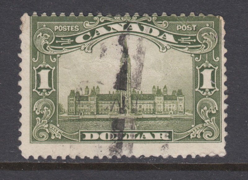 Canada Sc 159 used. 1928 $1 olive green Parliament, few short perfs