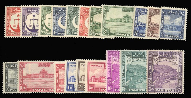 Pakistan #24-42 Cat$195, 1948-57 3p-25r, complete set, never hinged