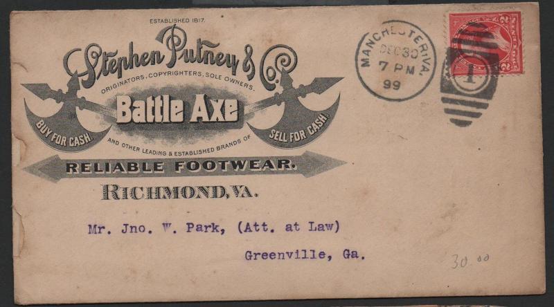 ADV COVER Stephen Putney Battle Axe Footwear Richmond VA Full Ad on Back 1899