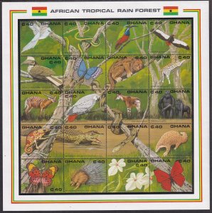 Ghana 1990 Sc 1224 Insects Birds Reptiles Mammals Flowers Trees MS of 20 Stamp**