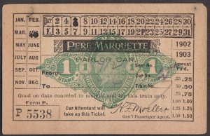 1902-03 PERE MARQUETTE RAILROAD TICKET WITH REVENUE STAMP (RN-X5a), VF TOUGH USE