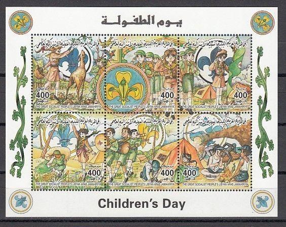 Libya, Scott cat. 1620 A-F. Scouts on Children`s Day sheet of 6.  cat. 55.00. ^