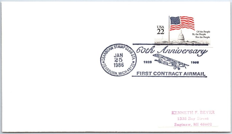 US SPECIAL POSTMARK EVENT COVER 60th ANNIV FIRST CONTRACT AIRMAIL (CAM) 1986-B