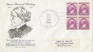 1936 FDC, #784, 3c Susan B. Anthony, Grimsland, block of 4