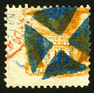 #116 1869 10c Yellow Shield & Eagle Used Bold Cross Roads Touch of Red Cancels