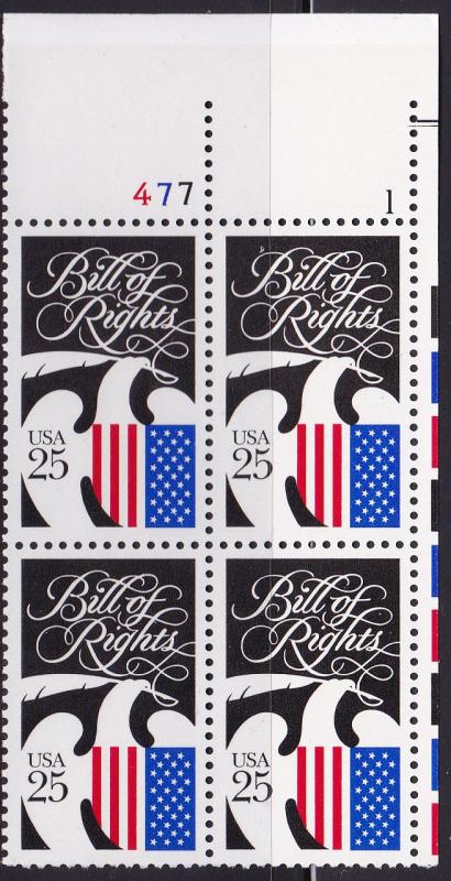 United States 1989 Bill of Rights Issue Plate Number Block VF/NH