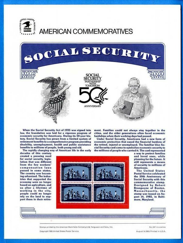 USPS COMMEMORATIVE PANEL #247 SOCIAL SECURITY ACT #2153