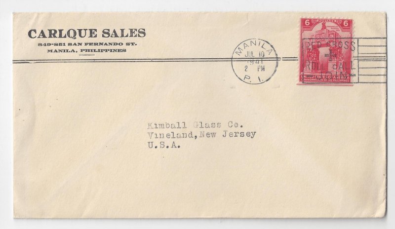 Philippines Commonwealth 1941 Carlque Sales Commercial Cover to US Sc# 453
