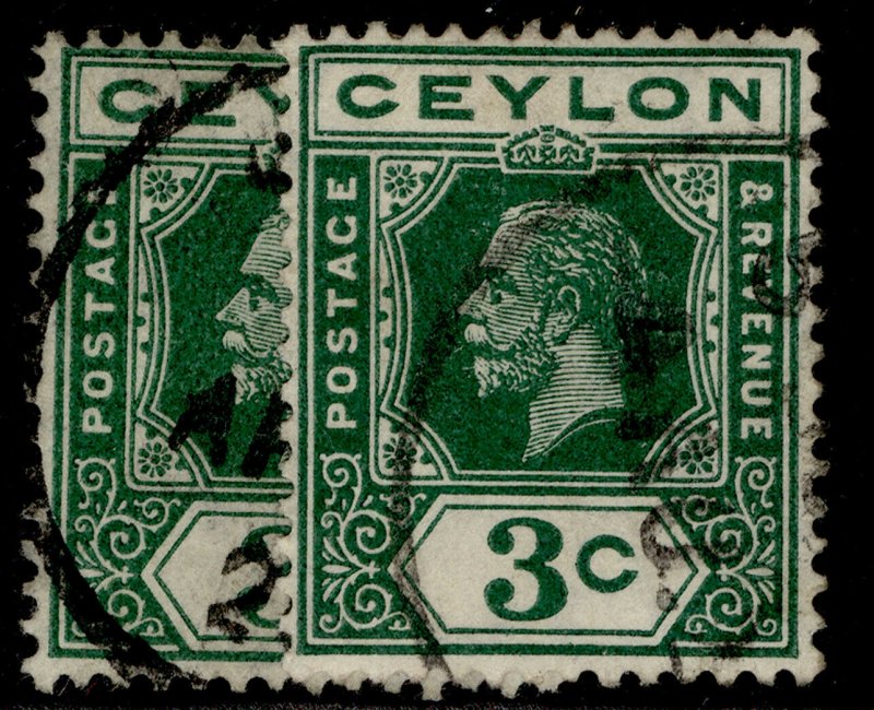 CEYLON GV SG308 + 308a, 3c SHADE VARIETIES, FINE USED.