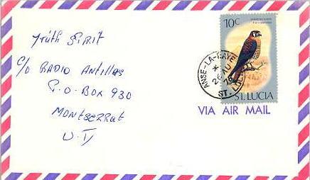 Saint Lucia 10c American Kestrel 1976 Anse-La-Raye, St. Lucia Airmail to Mont...