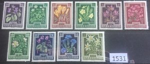 $1 World MNH Stamps (1531), Austria Scott B235-44, MNH Set of 10 Flowers