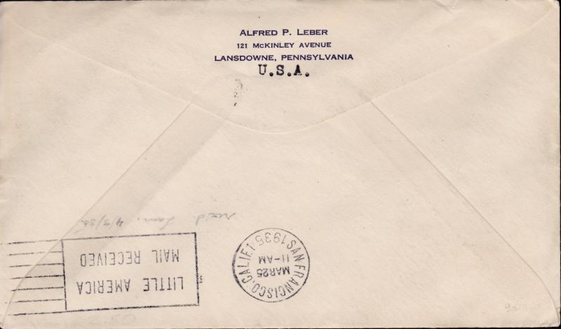 U.S 1934 Little America Antarctica Byrd Expedition 1Year Delay Cover