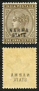 ICS NABHA SG18var 1a 6p Sepia showing overprint offsets on the reverse M/M 