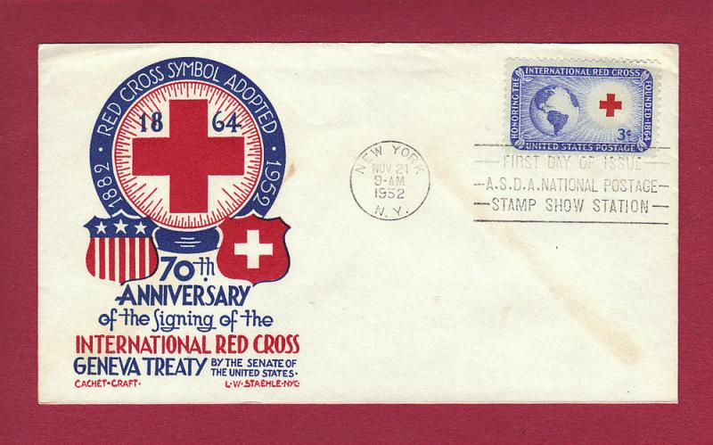 1952 3c INTERNATIONAL RED CROSS #1016, FDC, CC/Staehle