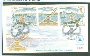 St. Pierre & Miquelon 519a 2.20 fr + 13.70 fr (strip of two + label) coast and harbor on an unaddressed cacheted FDC