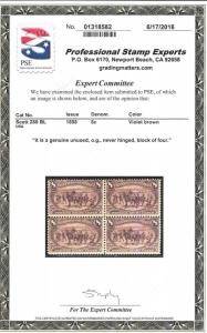 WCstamps: U.S. Scott #289 / $1,700 - 8c Block (4), 2016 PSE Cert, NH OG, Fine