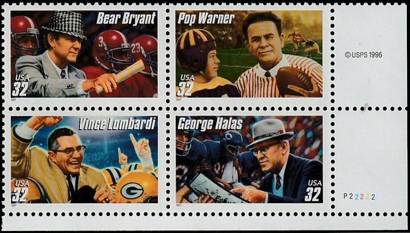 3143-3146 MNH LR PB(4) Football Coaches - no per item S&H fee