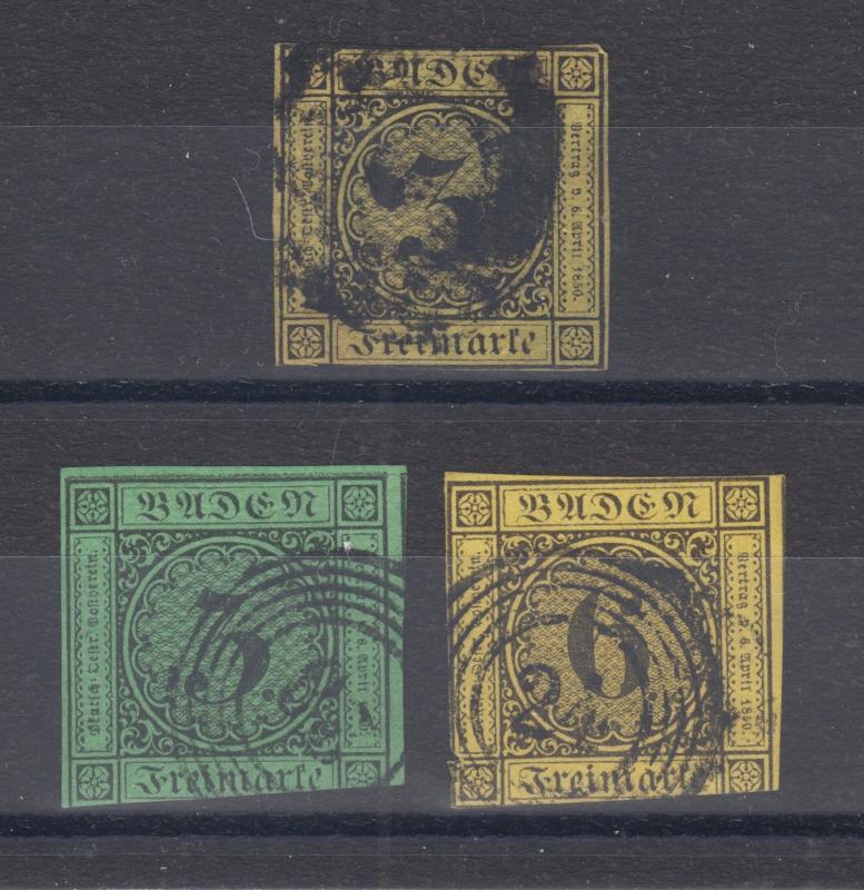 Baden Sc 2, 7, 9 used. 1851-53 Numerals, 3 different, small faults