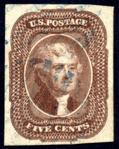 US 12 5c 1856 Thomas Jefferson imperf PSAG grade 90 light blue cancel