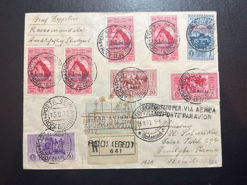 1932 Registered Italy LZ 127 Graf Zeppelin Cover Rodi Egeo to Parana Brazil