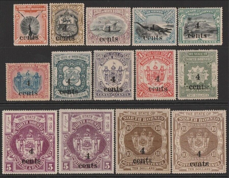 NORTH BORNEO 1904 '4 CENTS' on Pictorial set 5c-$10 + shades.