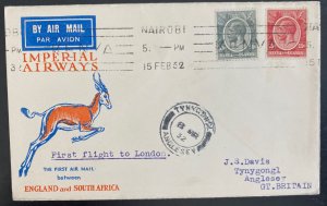 1932 Nairobi Kenya Airmail First Flight Cover FFC To Tynygongl England Imperial