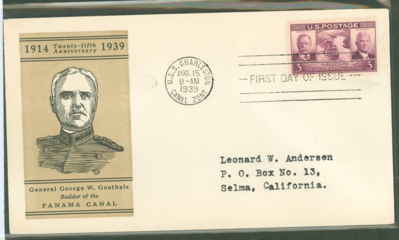 US 856 1939 25th anniversary of the canal zone on an addressed, typed fdc with a linprint cachet