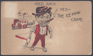 US 1908 WOODLAND WIS COMIC CARD THE ICE MAN CAME ADDRESSED TO MISS EL CH KOCH