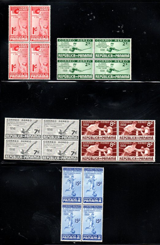 Panama C43-C47 Set. Mint hinged. Blocks of four