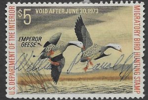 US RW   39   1972   $5.00  Fed Duck Stamp  fine used ( short perf rt ctr )