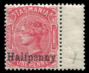 Tasmania #65 Cat$27.50+ (for hinged), 1889 1/2p on 1p carmine, right sheet ma...