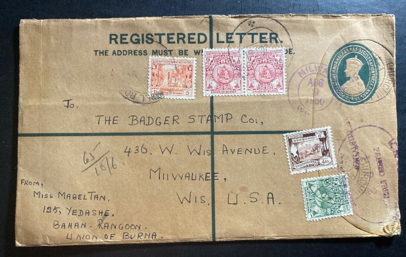 1950 Rangoon Burma Registered Letter Stationery Cover To Milwaukee WI Usa 